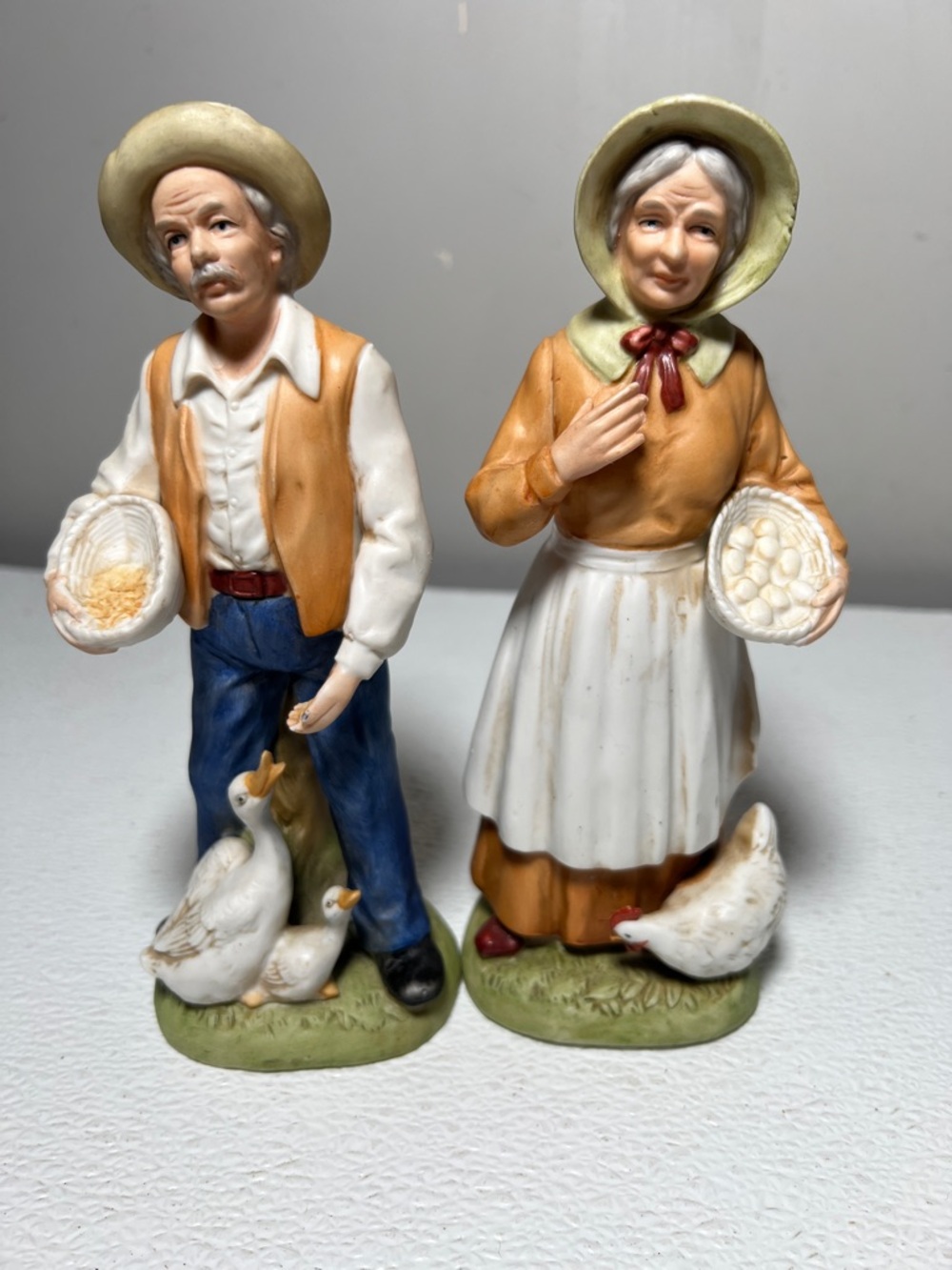 Homco #1426/1420 Old Man & Old Woman Farmers Figurines Ducks Chicken
